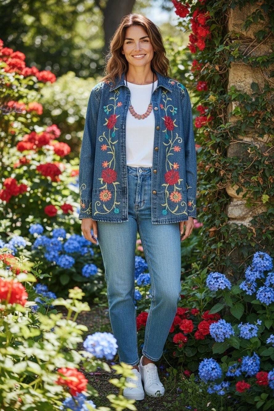 Vintage Coldwater Creek M Denim Chambray Floral Foliage Button Up Jacket
